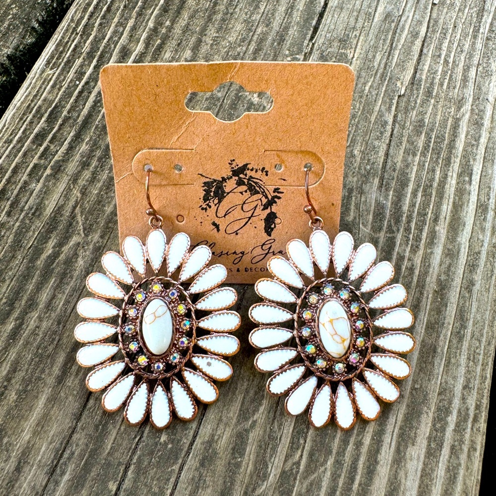 White Floral Rhinestone Earrings